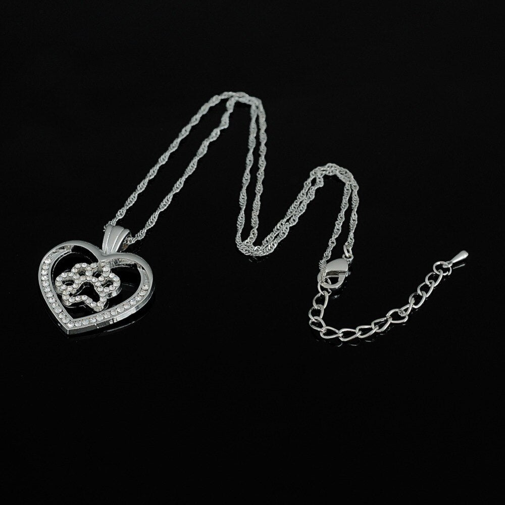 Dog Cat Paw Print Heart Crystal Pendant Necklace