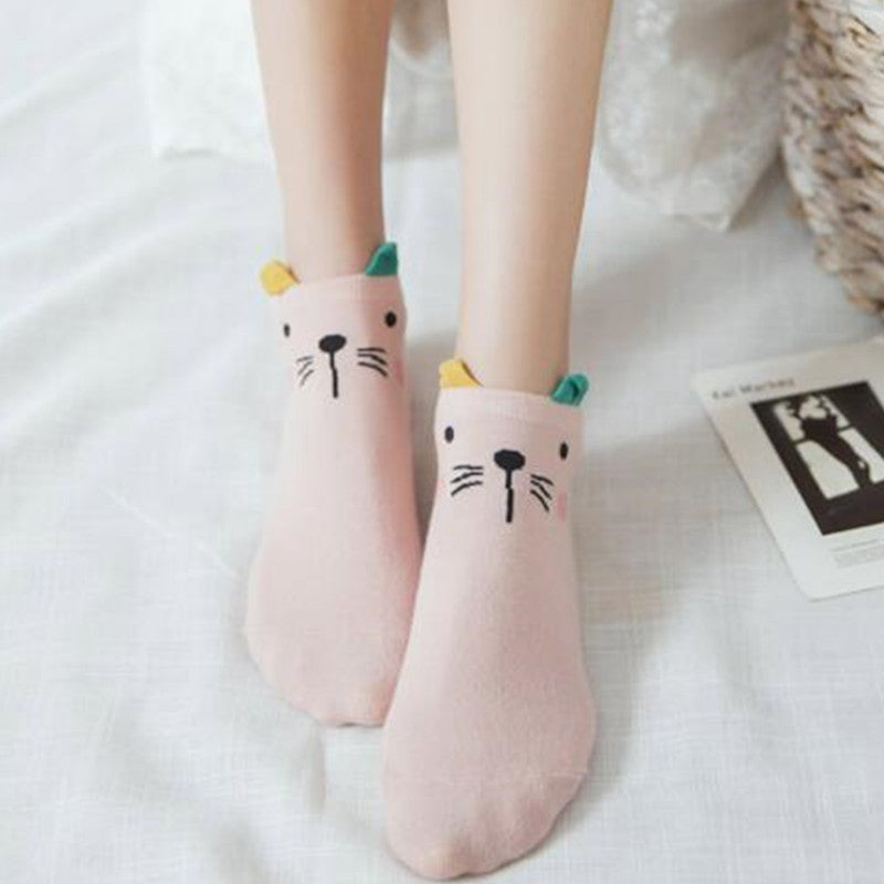 Cute Cat Ankle Socks - 5 Pairs for Valentine's Day