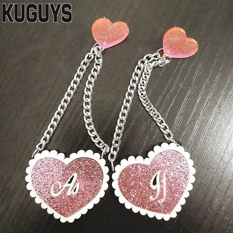 Trendy Pink Glitter Heart Tassel Earrings