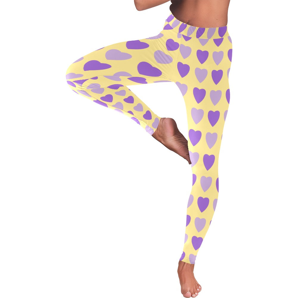 Purple Hearts on Yellow Women's Valentine's Day Leggings
