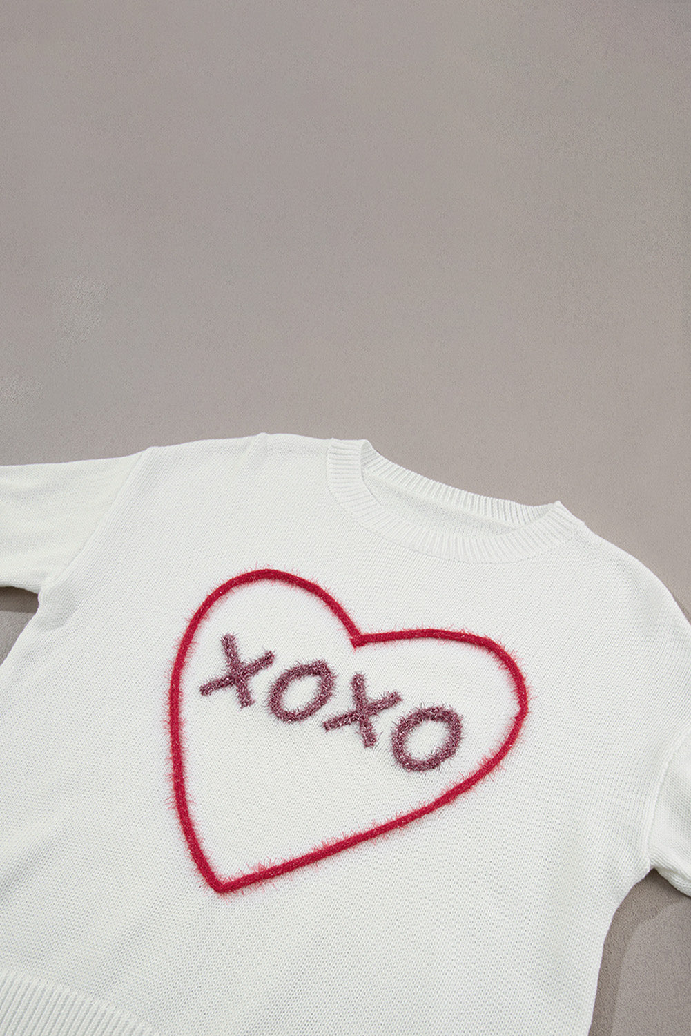 Rose Heart XOXO Pattern Drop Shoulder Rib Knit Sweater