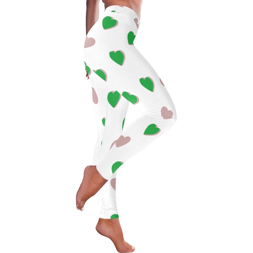 Green Hearts on White Women's Valentine's Day All-Over Low Rise Leggings