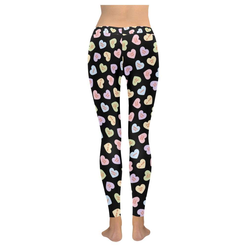 Valentine's Day Candy Hearts Women's All-Over Low Rise Leggings - Black
