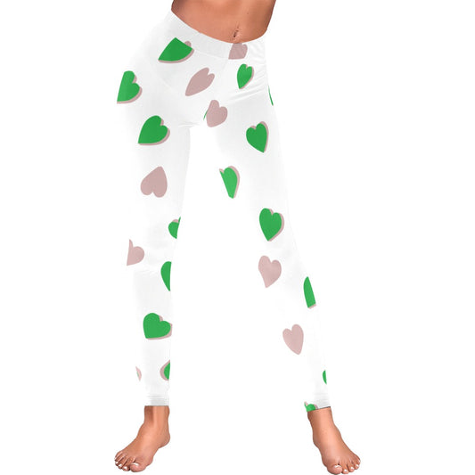 Green Hearts on White Women's Valentine's Day All-Over Low Rise Leggings