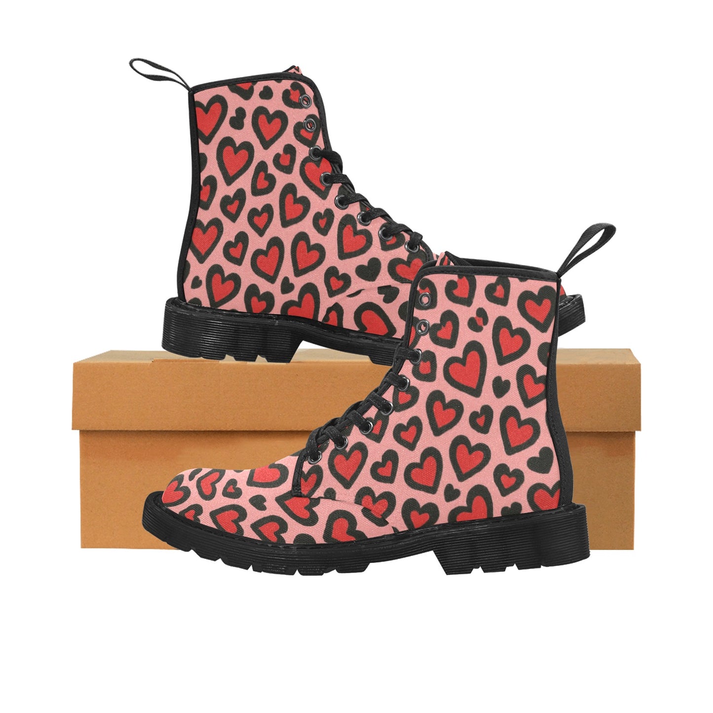 Red and Black Leopard Print Valentine's Day Women's Lace Up Canvas Boots