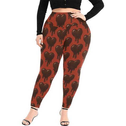 Dripping Chocolate Hearts Women's High Waist Leggings (Plus Size)