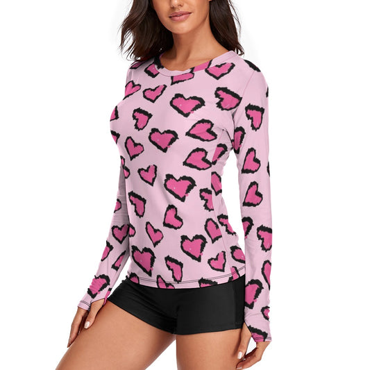 Pink Leopard Heart Pattern Valentine's Day Women's Long Sleeve T-Shirt