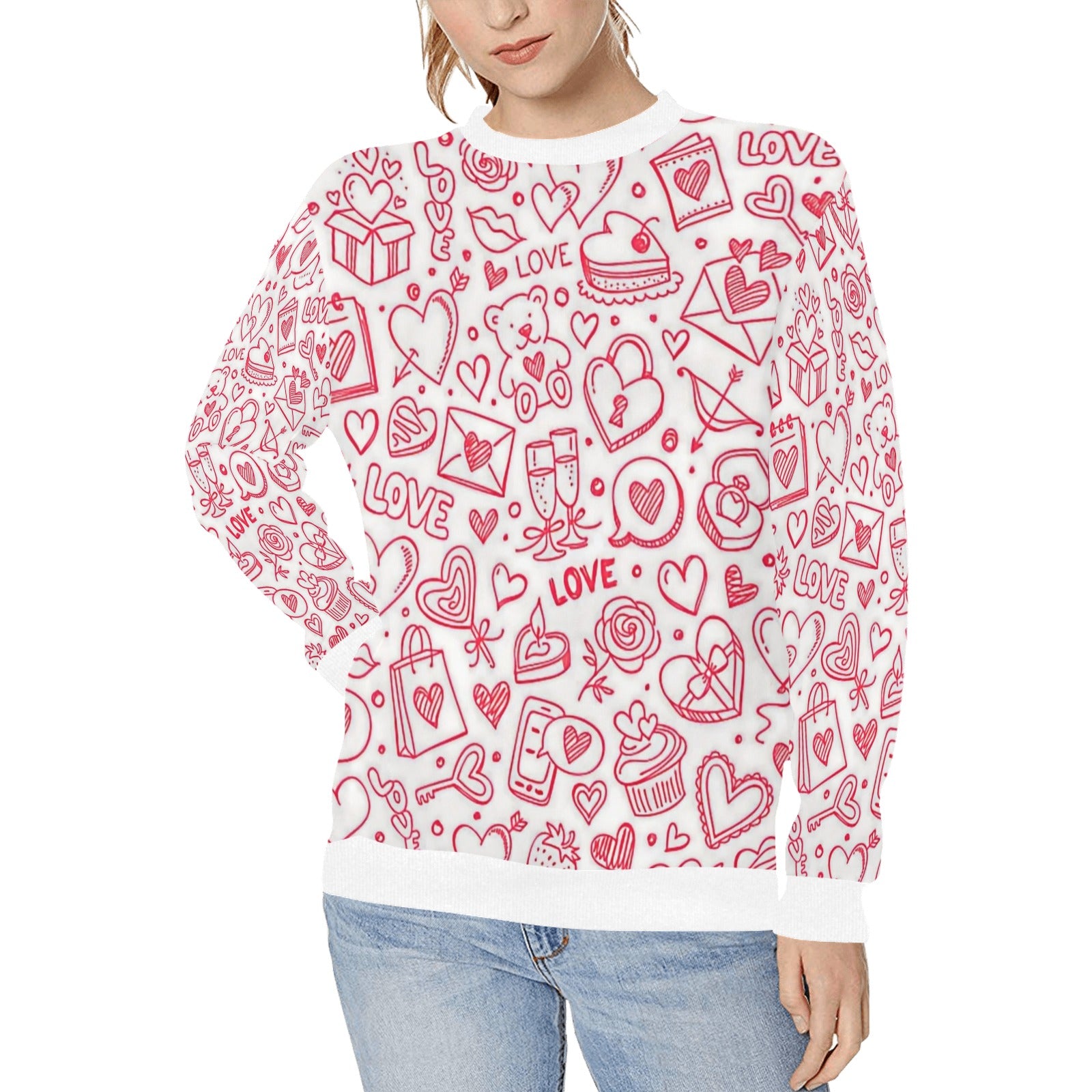 Valentine's Day Doodle Women's Rib Cuff Crew Neck Sweatshirt