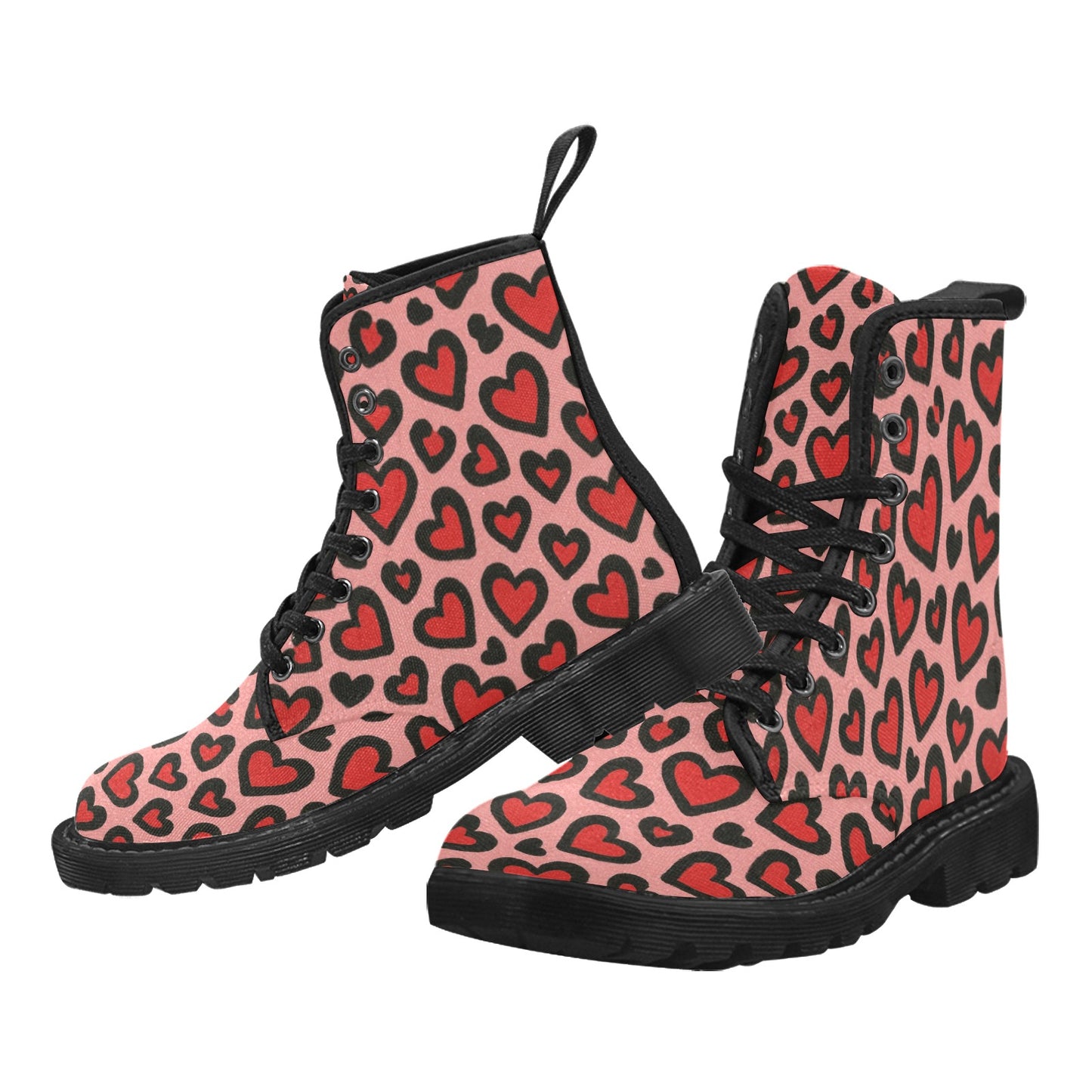 Red and Black Leopard Print Valentine's Day Women's Lace Up Canvas Boots