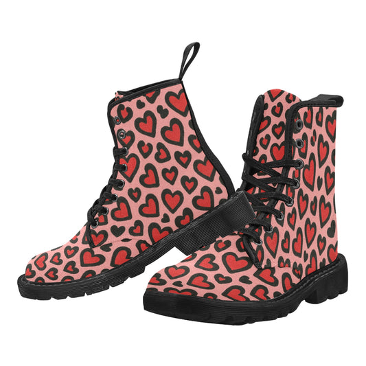 Red and Black Leopard Print Valentine's Day Women's Lace Up Canvas Boots