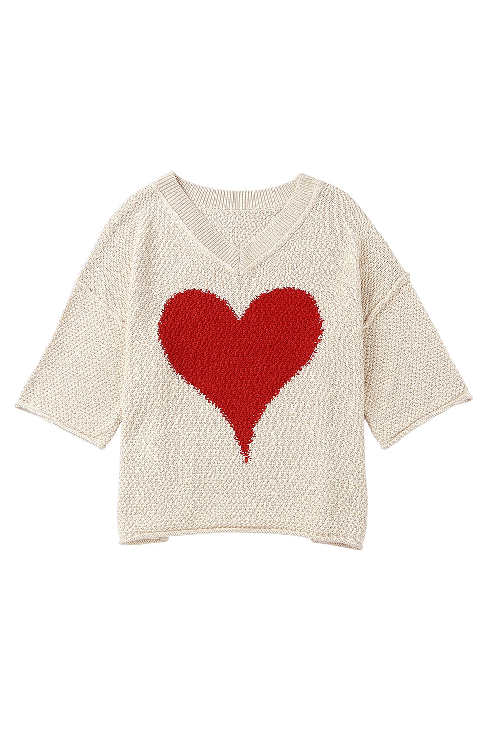 Beige V-neck Dropped Sleeve Heart Print Sweater