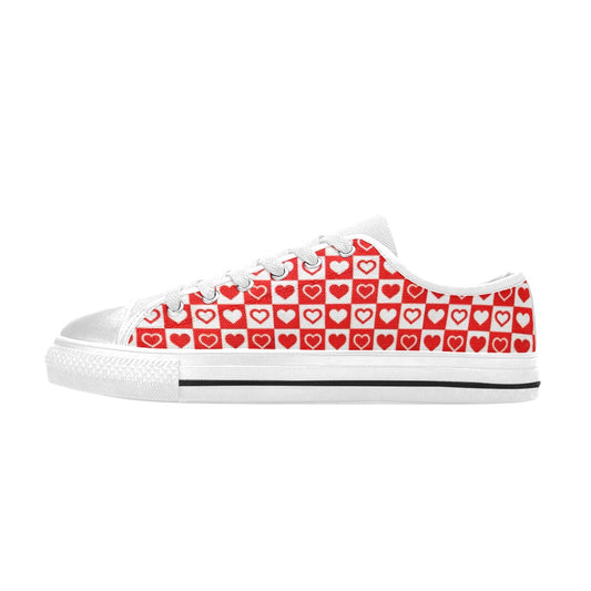 Red and White Checkerboard Hearts Canvas Women's Shoes