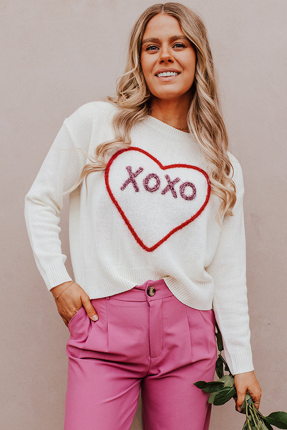 Rose Heart XOXO Pattern Drop Shoulder Rib Knit Sweater