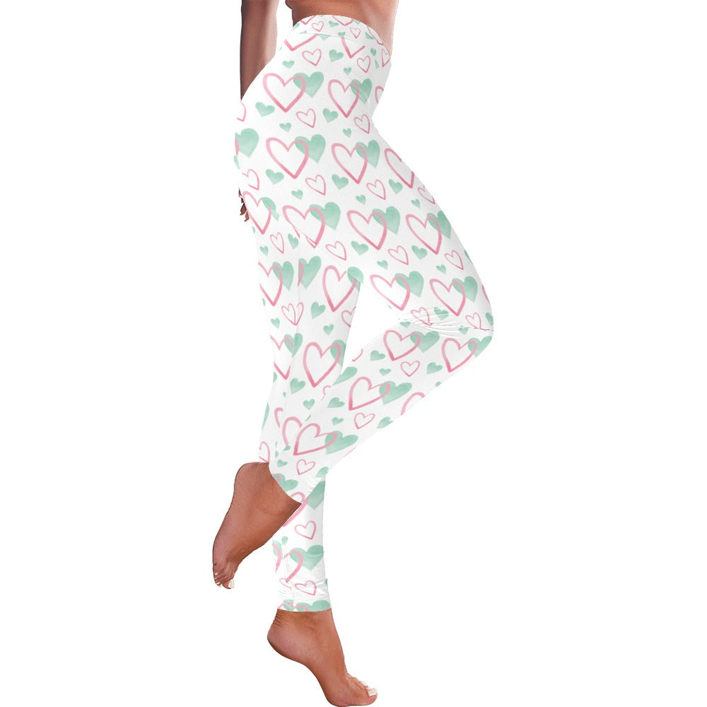 Valentine's Day Pink and Green Hearts Leggings