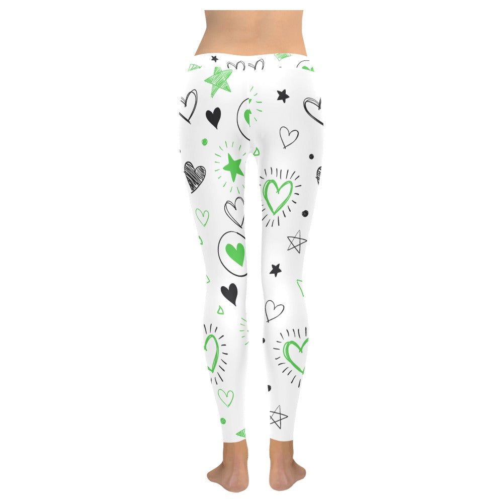 Green and White Heart Doodle Valentine's Day Leggings